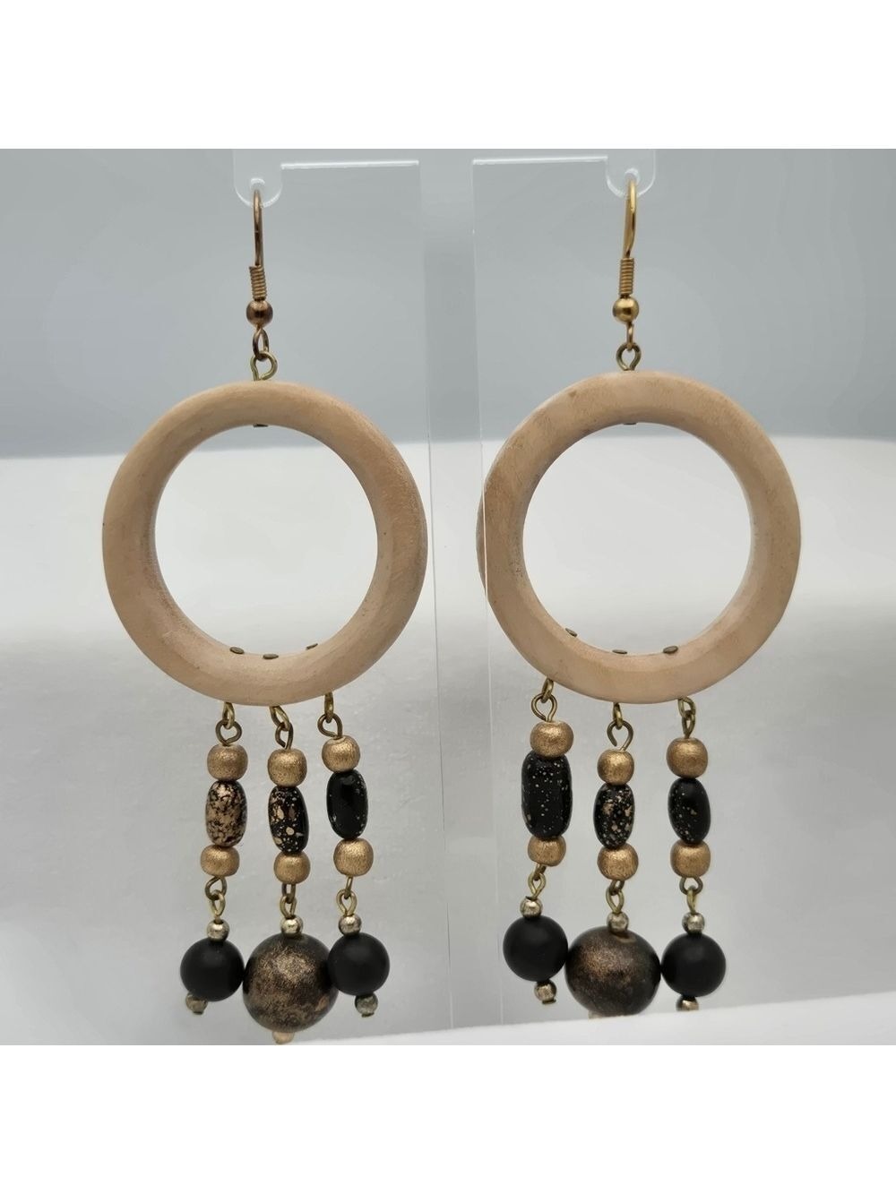 ✨2/$10✨ Natural Wood & Gold Chain Drop Hoop Black Gold Speckled Beads Earrings